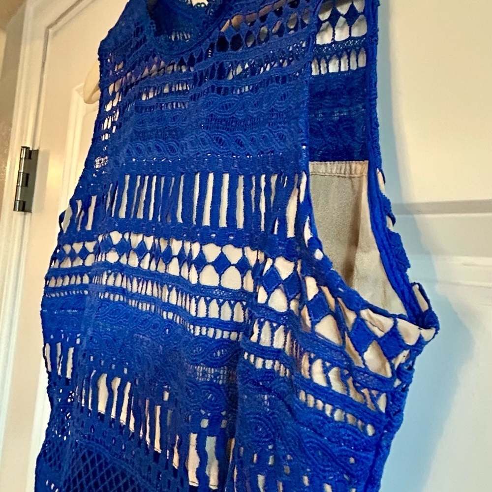 Zoe & Sam Royal Blue Battenberg Style Cut Out Lace Midi Statement Dress Size L - Picture 9 of 12